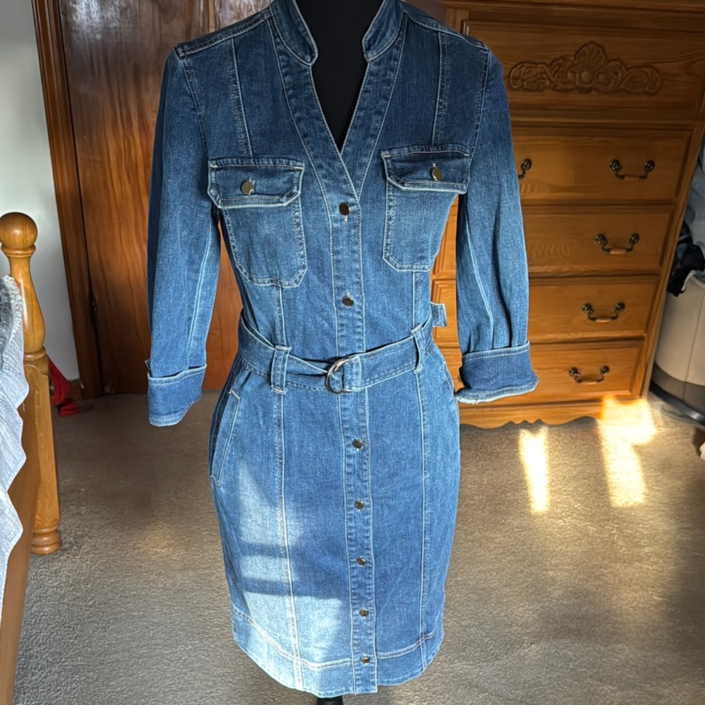 Denim Button-Up Dress with Belt